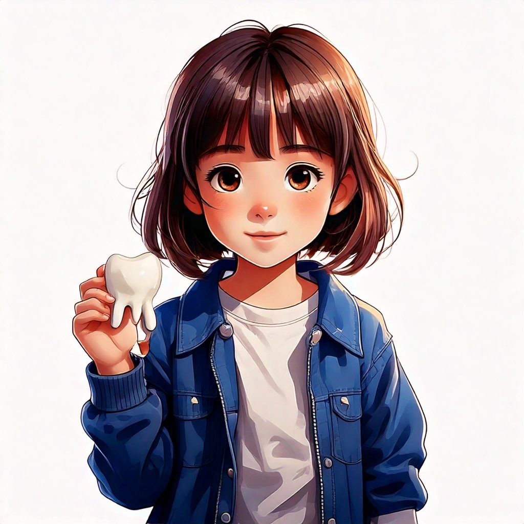 Imagen generada mediante IA. Niña sonriente mostrando su diente caído, emocionada por el momento mágico de la infancia.