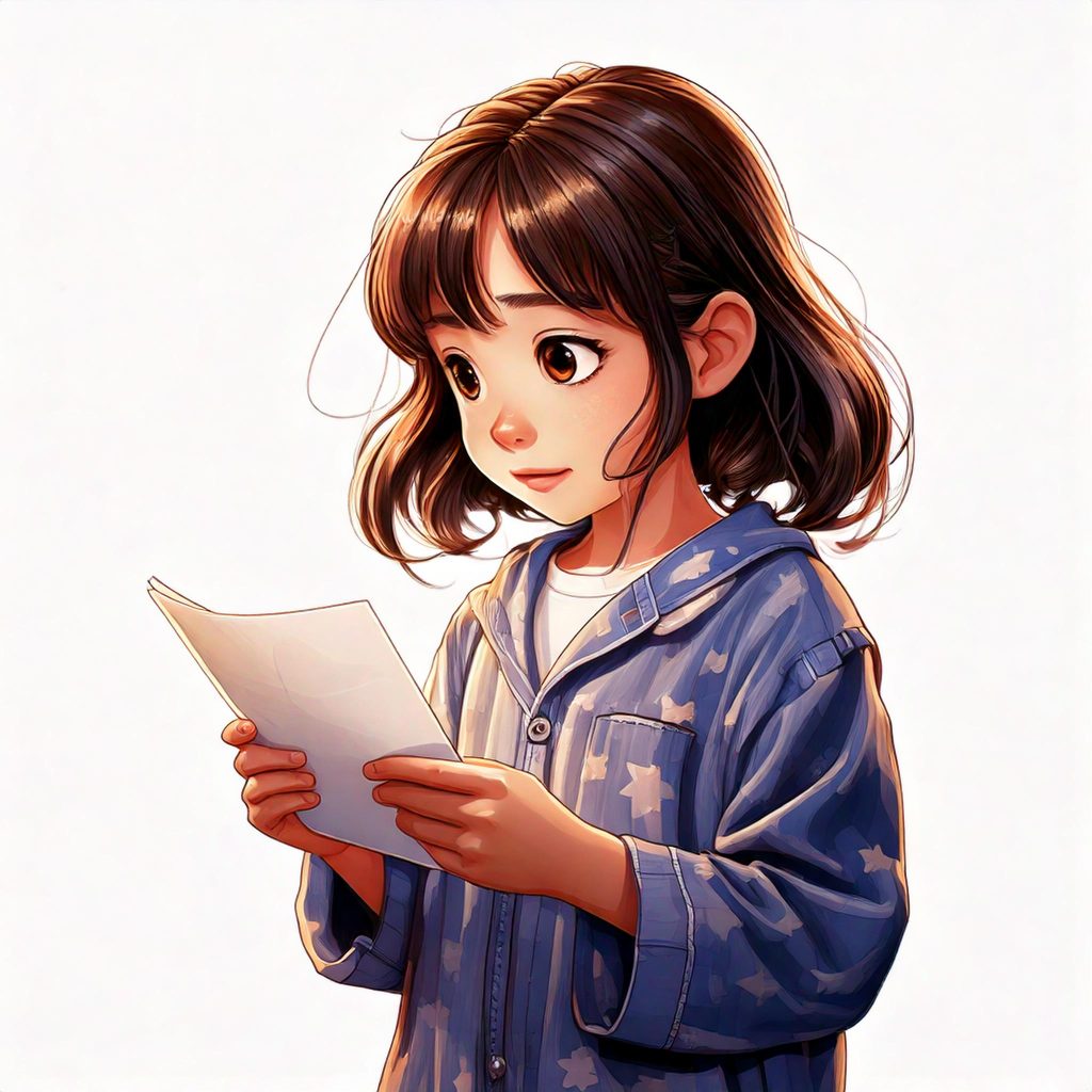 Imagen generada mediante IA. Niña leyendo una nota escrita por el Ratón Pérez, con una expresión de asombro y felicidad.
