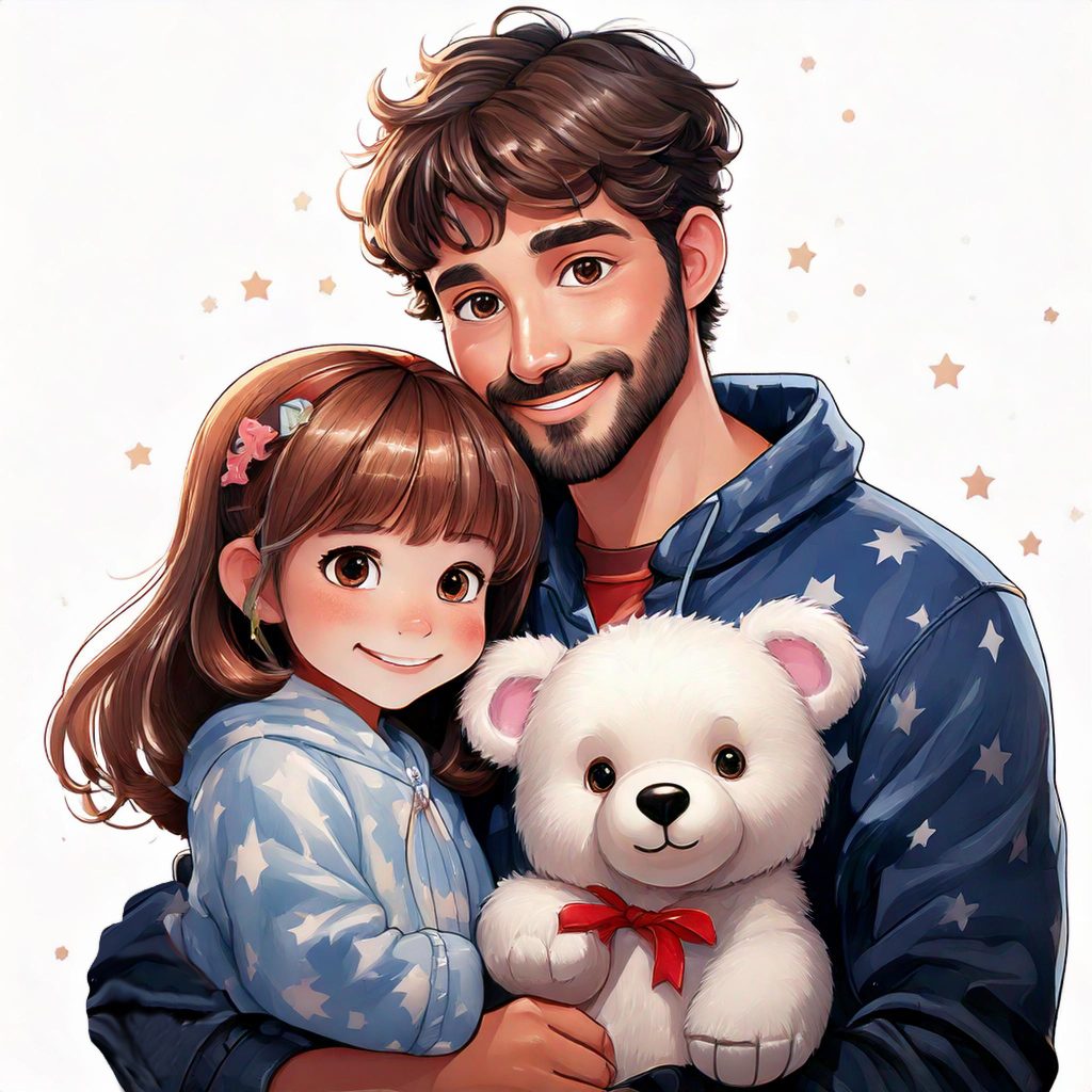 Imagen generada mediante IA. Padre, hija y el peluche mirando a la cámara felices, simbolizando la conexión familiar y el amor paternal.